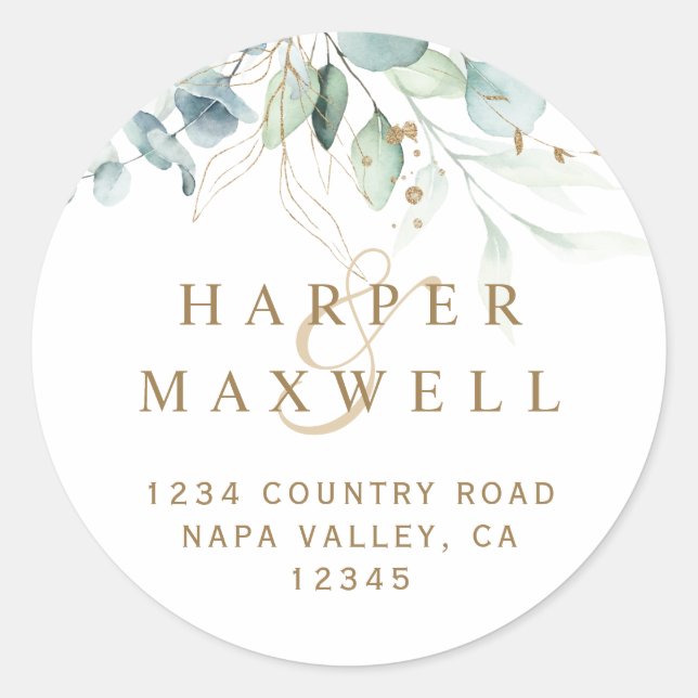 Gold and Green Botanical Wedding Return Address Classic Round Sticker (Front)