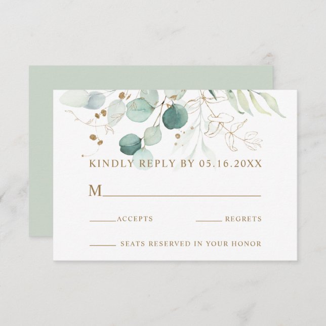 Gold and Green Botanical Wedding RSVP Card (Front/Back)