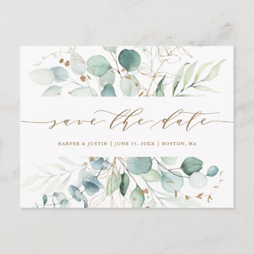Gold and Green Botanical Wedding Save the Date Announcement Postcard