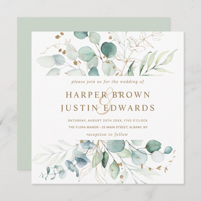 Gold and Green Botanical Wedding Square Invitation (Front/Back)