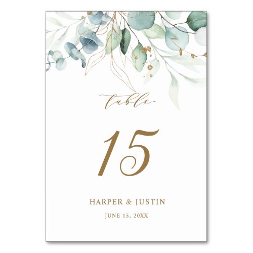 Gold and Green Botanical Wedding Table Number