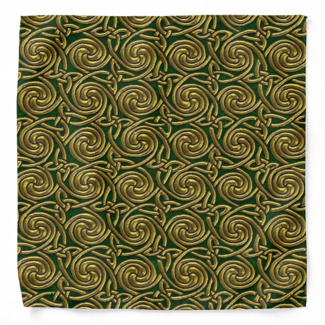 Gold And Green Celtic Spiral Knots Pattern Bandana (Front)