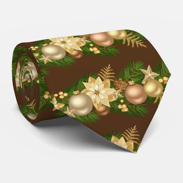 Gold and Green Christmas Decorations on Brown Neck Tie (Rolled)