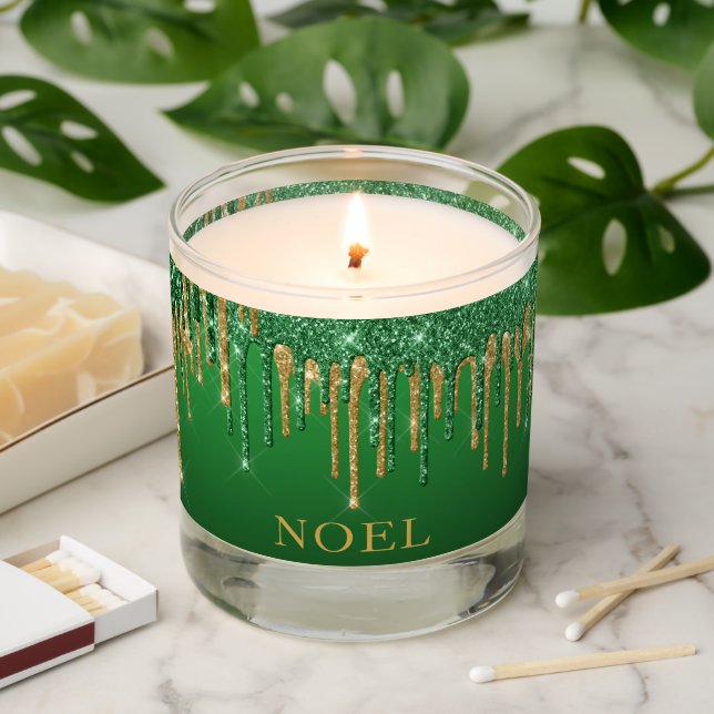 Gold And Green Christmas Glitter Drips 2 Scented Candle (Lit)