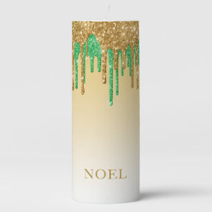 Gold And Green Christmas Glitter Drips Pillar Candle