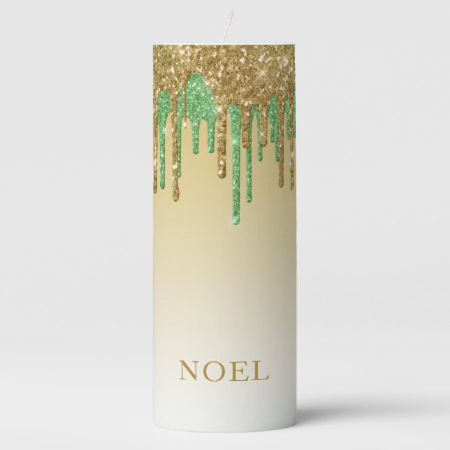 Gold And Green Christmas Glitter Drips  Pillar Candle (Front)