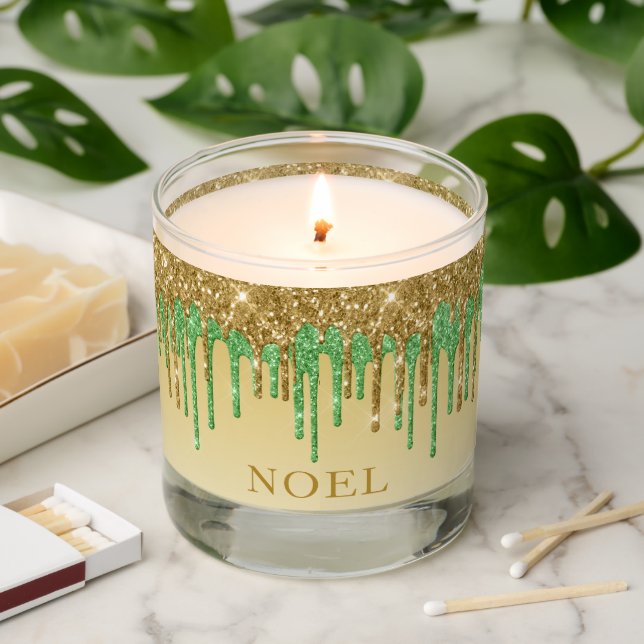 Gold And Green Christmas Glitter Drips  Scented Candle (Lit)