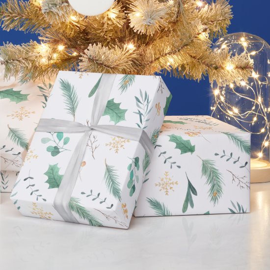 Gold and Green Christmas Holly Pine Eucalyptus Wrapping Paper