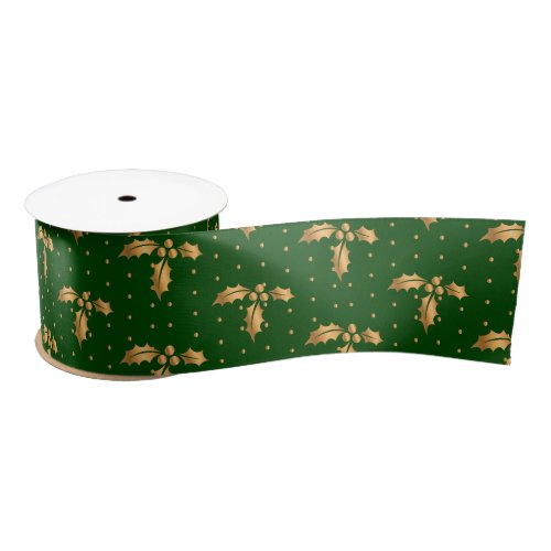 Gold and Green Christmas Holly Satin Ribbon