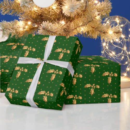 Gold and Green Christmas Holly Wrapping Paper