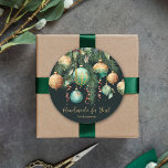 Gold and Green Christmas Ornaments Classic Round Sticker<br><div class="desc">Elegant "Handmade for You" Christmas holiday stickers feature pine branches,  green and gold Christmas ball ornaments and ribbons on a black background with your name in chic lettering,  perfect for your festive holiday gathering or for your gift-giving. MATCHING items in our collection.</div>
