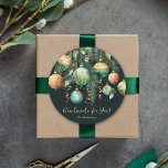 Gold and Green Christmas Ornaments Classic Round Sticker<br><div class="desc">Elegant "Handmade for You" Christmas holiday stickers feature pine branches,  green and gold Christmas ball ornaments and ribbons on a black background with your name in chic lettering,  perfect for your festive holiday gathering or for your gift-giving. MATCHING items in our collection.</div>