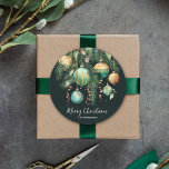 Gold and Green Christmas Ornaments Classic Round Sticker<br><div class="desc">Elegant Christmas holiday stickers feature pine branches,  green and gold Christmas ball ornaments and ribbons on a black background with Merry Christmas and your name in chic lettering,  perfect for your festive holiday gathering or for your gift giving.</div>