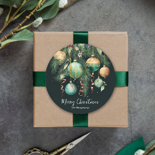 Gold and Green Christmas Ornaments Classic Round Sticker