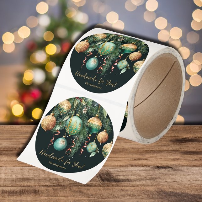 Gold and Green Christmas Ornaments Classic Round Sticker (BULK ROLL of Gold and Green Christmas Tree Ornaments Round Stickers, 3" or 1-1/2")