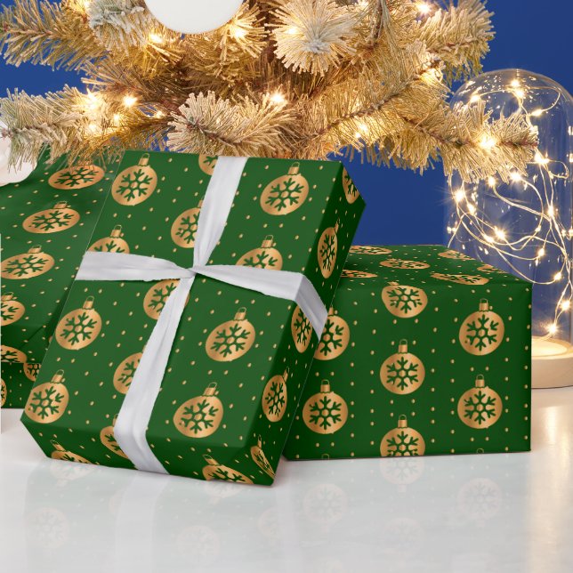 Gold and Green Christmas Ornaments Wrapping Paper (Holidays)