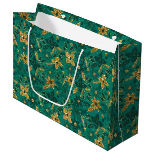 Gold and Green Christmas Poinsettia Flowers Large Gift Bag