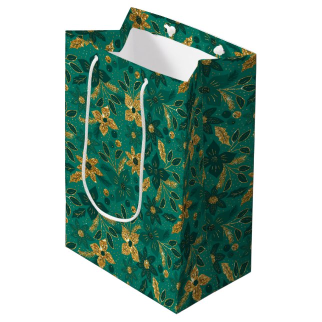 Gold and Green Christmas Poinsettia Flowers Medium Gift Bag (Front Angled)