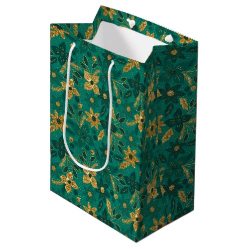 Gold and Green Christmas Poinsettia Flowers Medium Gift Bag