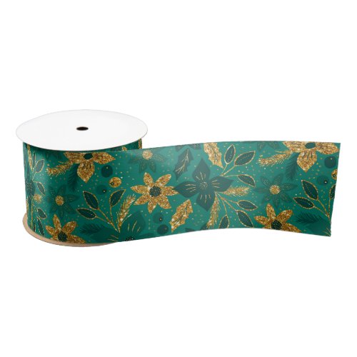 Gold and Green Christmas Poinsettia Flowers Satin Ribbon