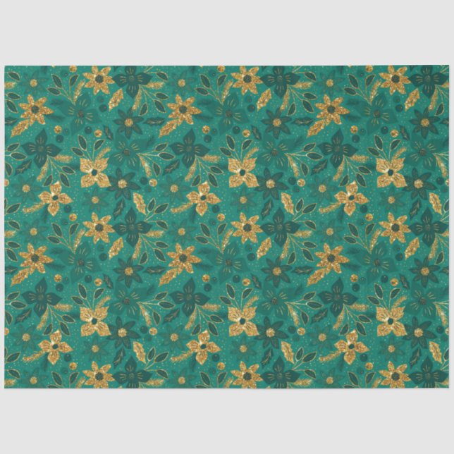 Gold and Green Christmas Poinsettia Flowers Tissue Paper (Front)