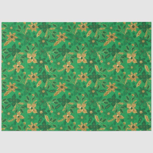 Gold and Green Christmas Poinsettia Flowers Tissue Paper (Front)