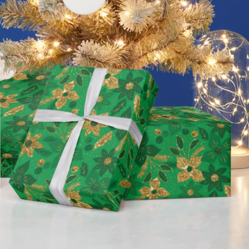 Gold and Green Christmas Poinsettia Flowers Wrapping Paper
