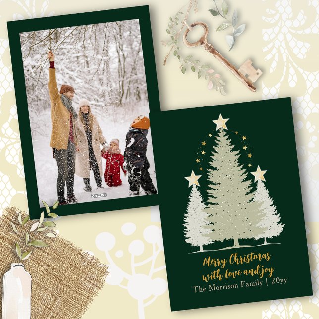 Gold and Green Christmas Tree and Stars Photo Holiday Card (Gold and Green Christmas Tree and Stars Photo Holiday Card)