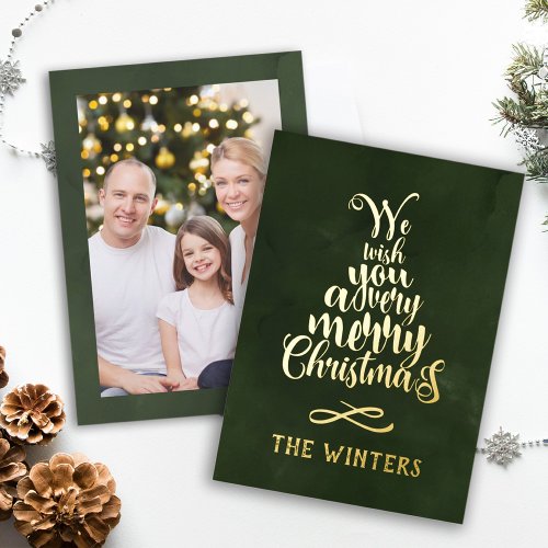 Gold and Green Christmas Tree Lettering Photo Foil Holiday Card