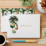 Gold and Green Christmas Tree Ornaments Envelope<br><div class="desc">Elegant Christmas holiday envelopes feature a design of pine branches,  green and gold Christmas ornaments and ribbons with your FREE return address on the back. MATCHING invitations and more items in our collection.</div>