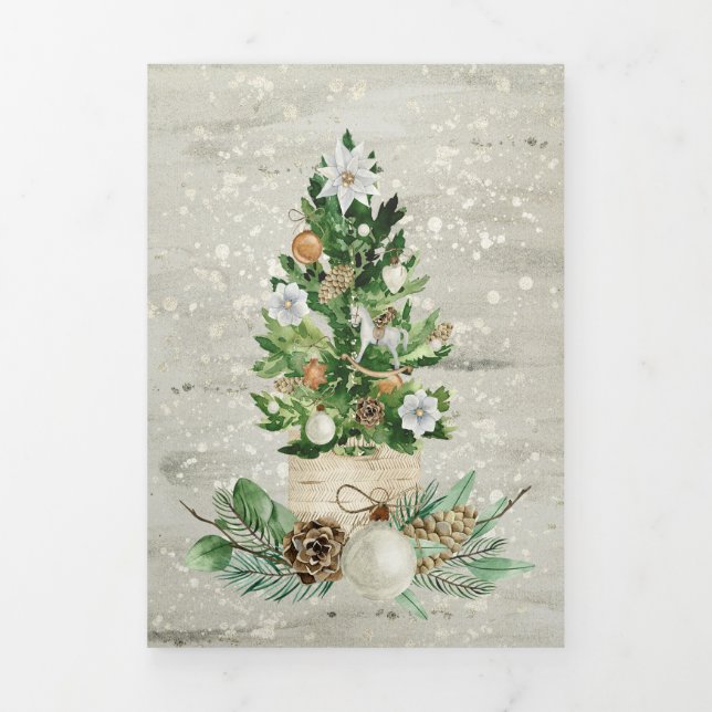 Gold And Green Christmas Tree Personalized Tri-Fold Holiday Card (Cover)