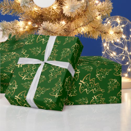 Gold and Green Christmas Trees Wrapping Paper