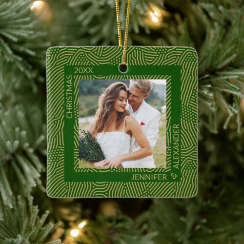 Gold and Green Couples Photo Ceramic Ornament