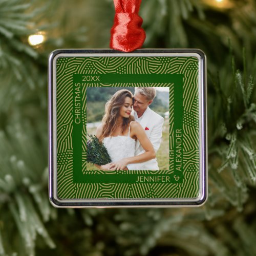 Gold and Green Couples Photo Metal Ornament