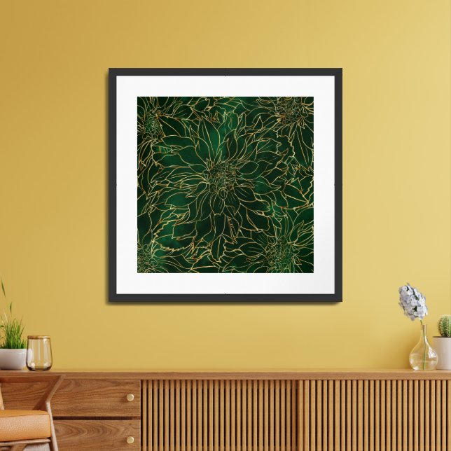 Gold and Green Dahlia Flower Framed Art (Living Room)
