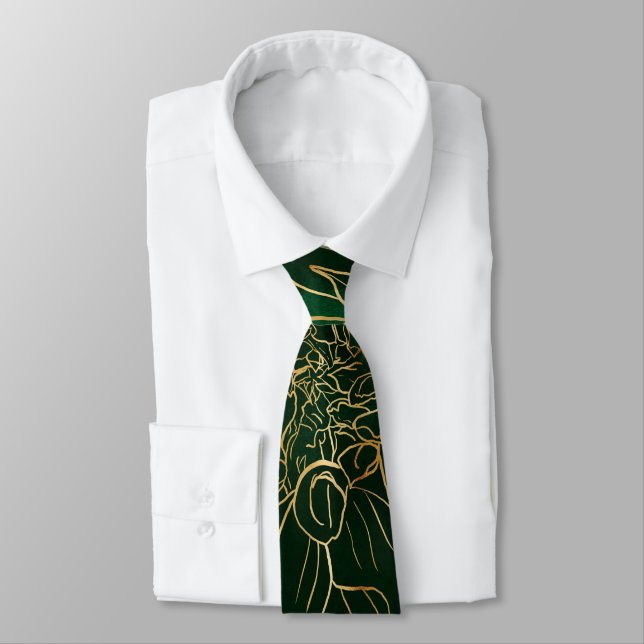 Gold and Green Dahlia Flower Neck Tie (Tied)