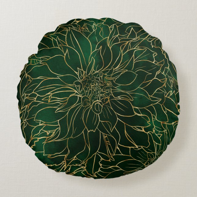 Gold and Green Dahlia Flower Round Pillow (Front)