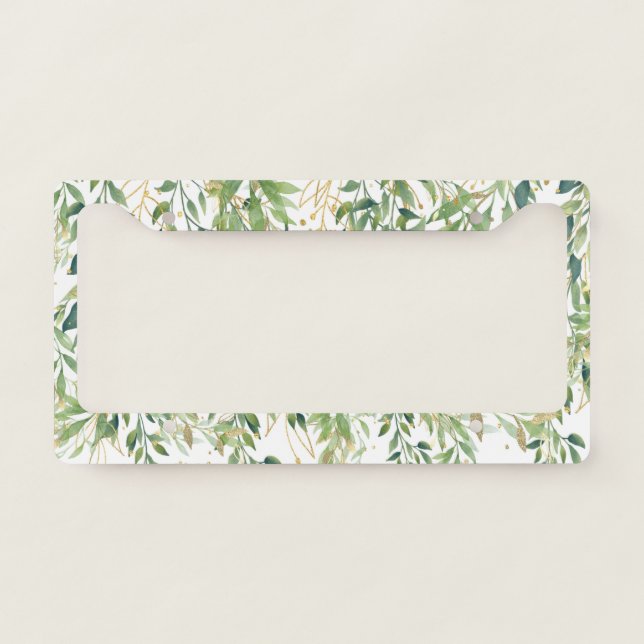 Gold And Green Decorative Plant Leaves License Plate Frame (Front)