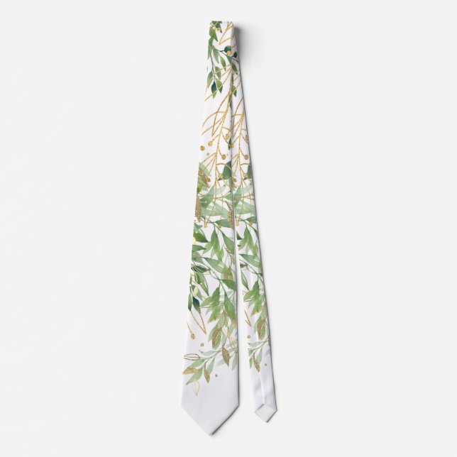 Gold And Green Decorative Plant Leaves Neck Tie (Front)
