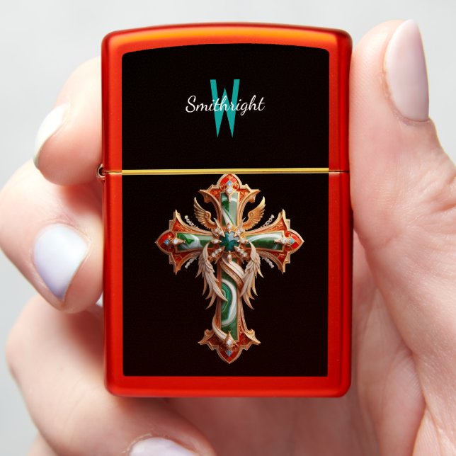 Gold and Green Diamond Cross on Elegance Unveiled Zippo Lighter (In Hand)