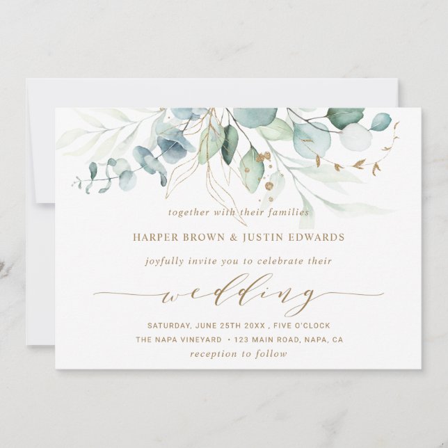 Gold and Green Elegant Botanical Wedding Invitation (Front)