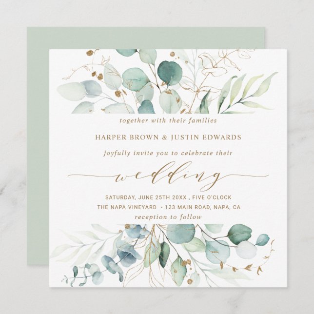 Gold and Green Elegant Botanical Wedding Square Invitation (Front/Back)