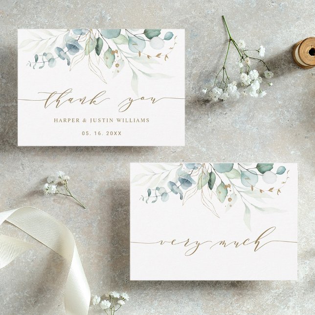 Gold and Green Elegant Botanical Wedding Thank You Card (Front & Back)