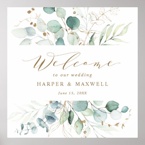 Gold and Green Elegant Botanical Wedding Welcome Poster