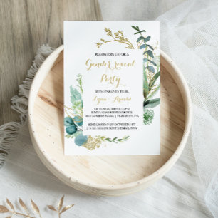 Gold and Green Eucalyptus Gender Reveal Party Invitation