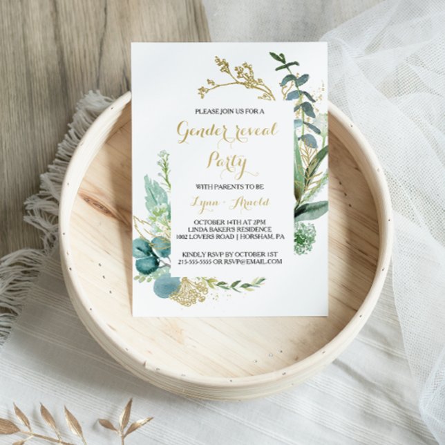 Gold and Green Eucalyptus Gender Reveal Party Invitation (Creator Uploaded)