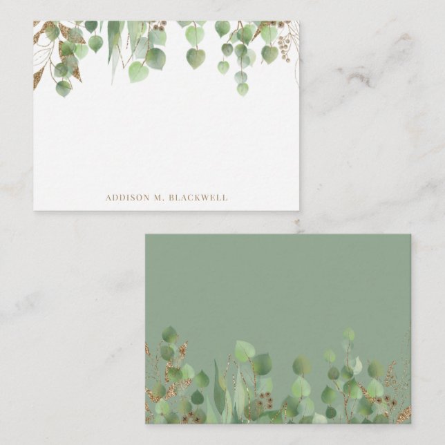 Gold and Green Eucalyptus Leaves Name Note Card (Front/Back)