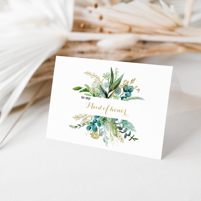 Gold and Green Eucalyptus Maid of Honor Thank You Card (Creator Uploaded)
