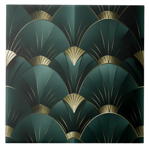 Gold and Green Fan Art Deco Metallic Style Ceramic Tile