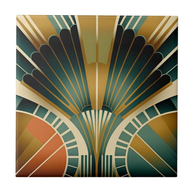 Gold and Green Fan Pattern Art Deco Ceramic Tile (Front)